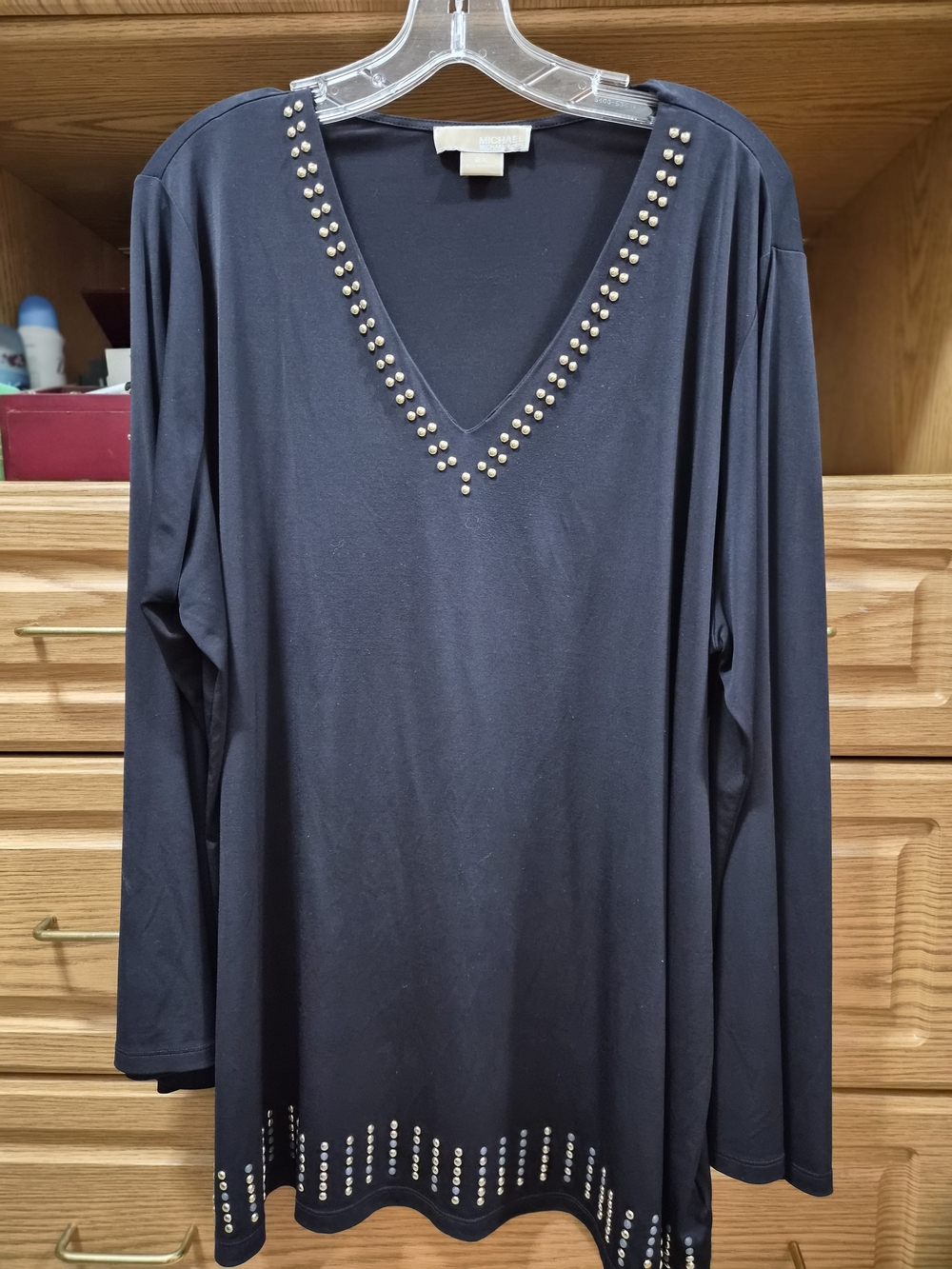 Michael Kors Black V-Neck Long Sleeve Top with Stud Trim